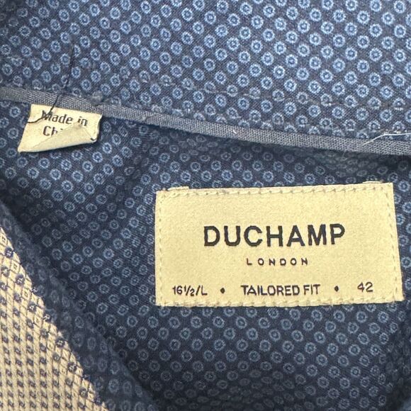 Duchamp Shirt Mens 42 16.5L Geometric Diamond Blue Button Front L/S Tailored Fit - Picture 4 of 6